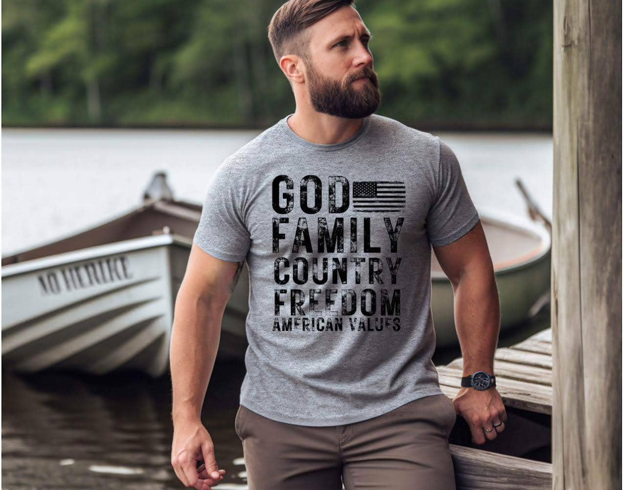 Dios, Familia, País, Libertad, Valores Americanos - Negro - Camiseta: Heather Sunset